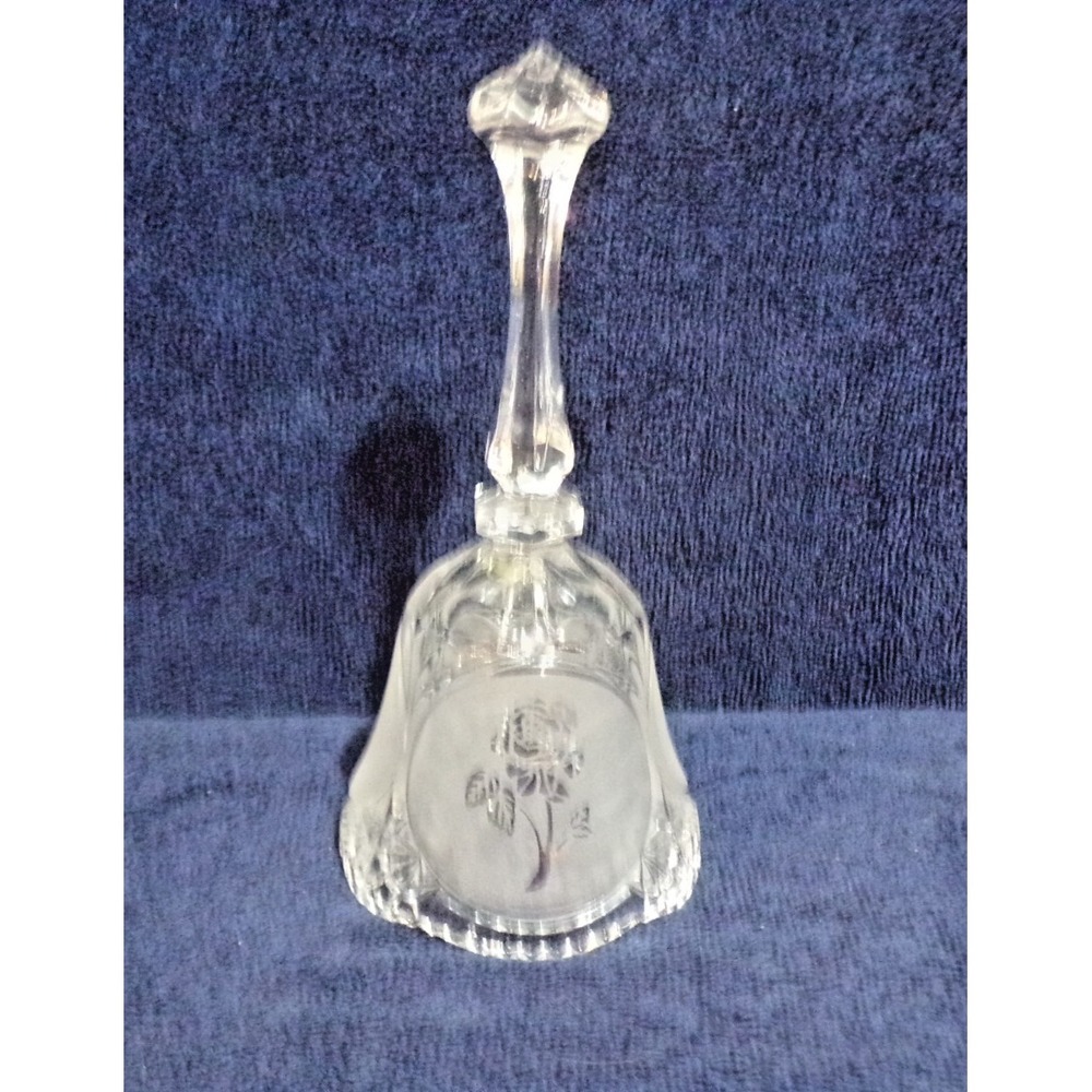 Crystal Glass Dinner Bell w/Frosted Etched Roses Design 7.5"tall x 4 3/8"round